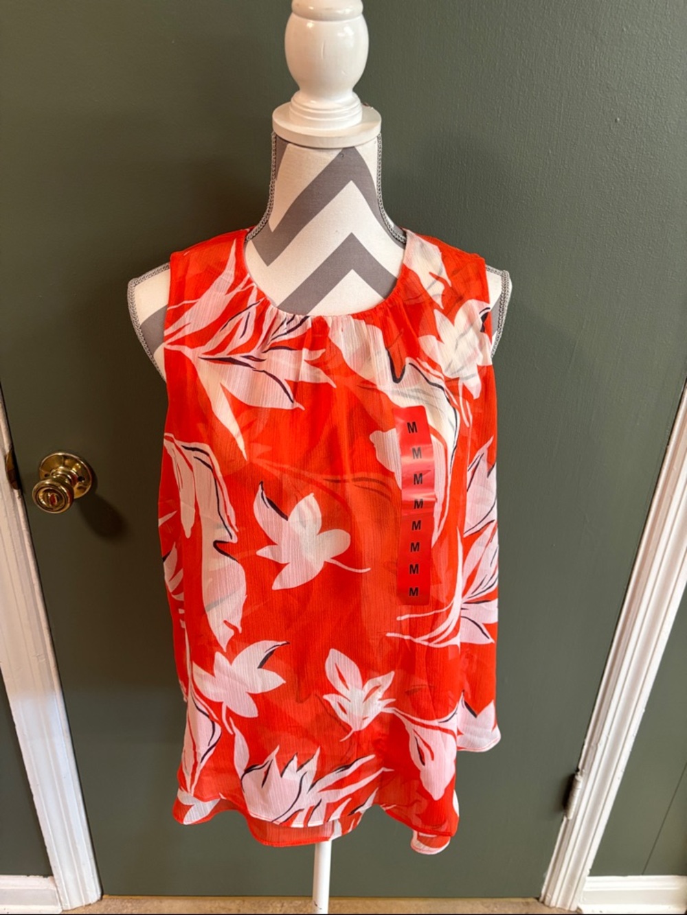 Orange Floral Sleeveless Women's Blouse with White Accents